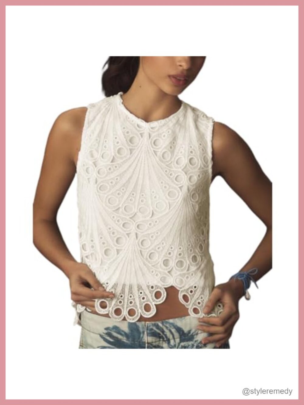 VAOYIU Lace Embroidered Eyelet Sleeveless Blouse Scalloped Hem